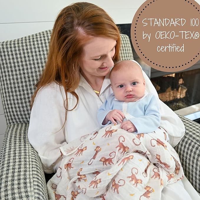 LollyBanks Muslin Swaddle Blankets, 100% Cotton Baby Swaddle Blanket for Boys and Girls, Large 47 x 47 Inches Newborn Swaddle, Soft and Breathable Baby Receiving Blankets, Registry (Monkey Print)