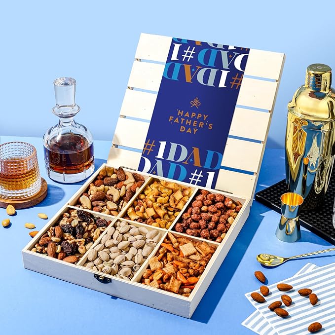 Fathers Day Gift Basket, Nut Gift Basket in Reusable Wooden Crate, Healthy Gift Option, Gourmet Snack Food Box, with Unique Flavors, Great for Dad, Father, Grandfather, Bonnie & Pop