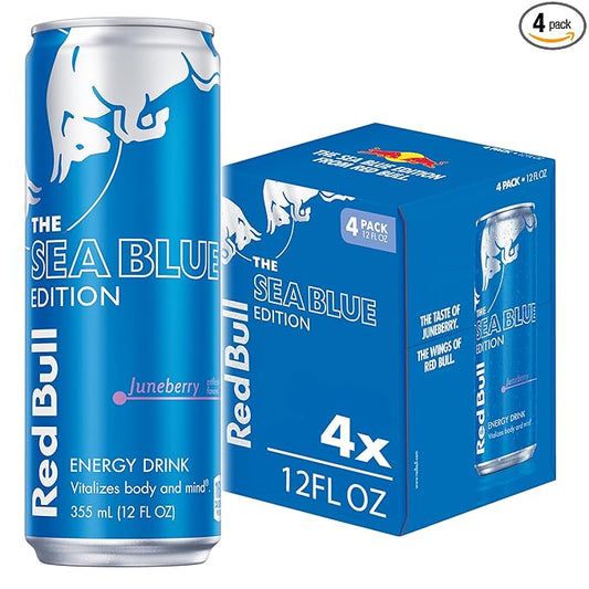 Red Bull Sea Blue Edition Energy Drink, Juneberry, with 114mg Caffeine plus Taurine & B Vitamins, 12 Fl Oz, Pack of 4 Cans