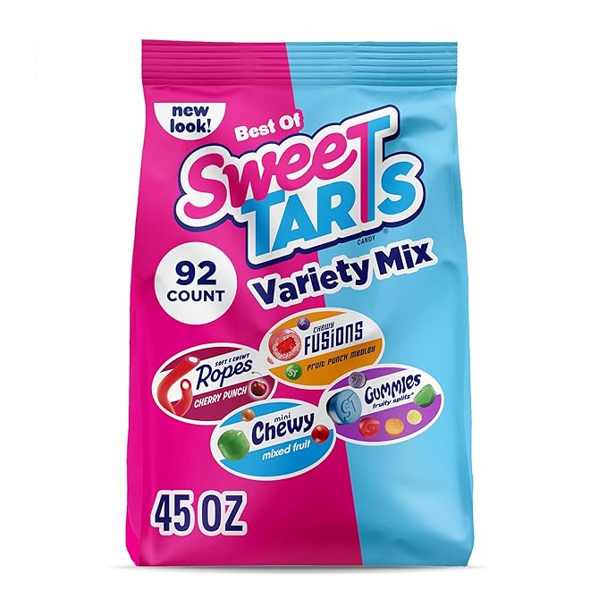SweeTARTS Candy, Variety Mix, Cherry Punch Ropes, Mini Chewy, Gummies Fruity Splitz & Chewy Fusions 45 oz (92 Pieces)