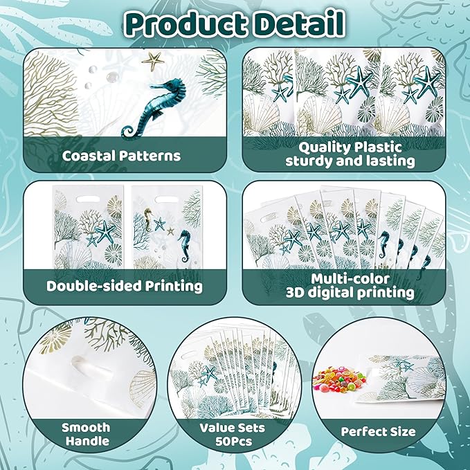 Summer Beach Party Favor Bags - 50Pcs Blue Coastal Goody Candy Treat Gifts Bags, Ocean Seashell Themed Party Decorations for Kids Birthday Summer Ocean Coastal Beach Events Supplies