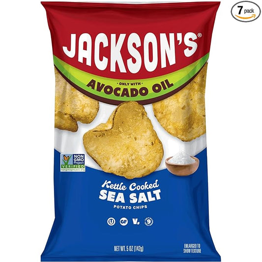 Jackson’s Potato Classic Kettle Chips with Sea Salt (5oz, Pack of 7) - Made with Premium Avocado Oil - Allergen-friendly, Gluten Free, Peanut Free, Vegan, Kosher - Shark Tank Product