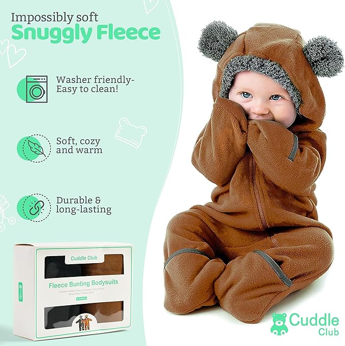Cuddle Club Fleece Baby Bunting Bodysuit with Hood, Convertible Mittens & Booties, Car Seat Friendly, Soft & Warm, Easy Zip