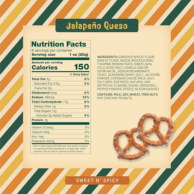 Jalapeño Queso Pretzels – 6 Oz Sweet n' Spicy Bite-Sized Snacks Packed with Real Cheese & Jalapeño Flavor – Crunchy, Snacky, Perfect for Sharing or Spicy Indulgence