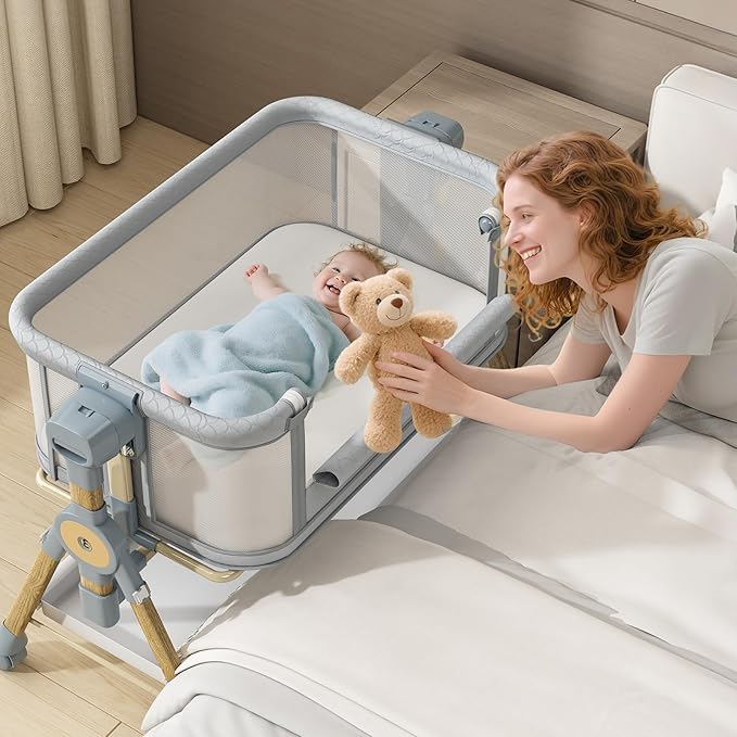 3 in 1 Baby Bassinet Bedside Sleeper, Rocking Bassinet for Baby with Wheels, Music Night Light, Storage Basket, Mattress, Adjustable Height, Portable Rocking Bedside Sleeper for Newborn Infant