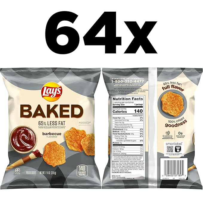 Baked, Lay's Barbecue Potato Crisps, 1.125 Ounce (Pack of 64)