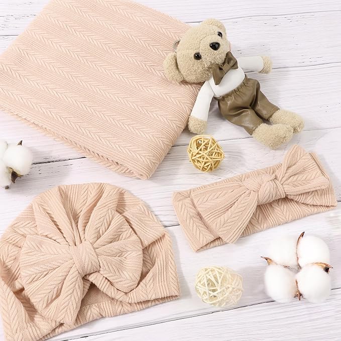 Newborn Receiving Blanket with Bow Hat Mittens Wooden Card Set Wheat-Pattern Newborns Toddler Baby Boy Girl Nursery Swaddle Wrap