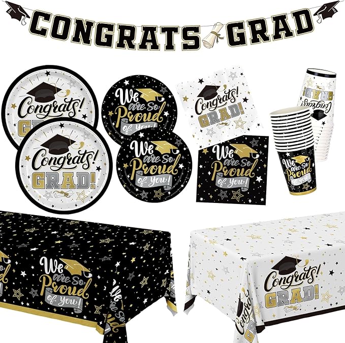 Graduation Decorations 2025 Black and Gold Grad Party Supplies with Disposable Plates, Napkins, Tablecloth, Cups and Congrats Grad Banner for 24 Guests - Graduation Party Decorations