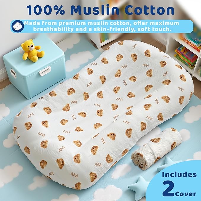 Baby Lounger, Newborn Lounger with Breathable & Soft Cover for Home and Travel, 0-24 Months Newborn Babies Essentials Gifts. (2 Cover Included)