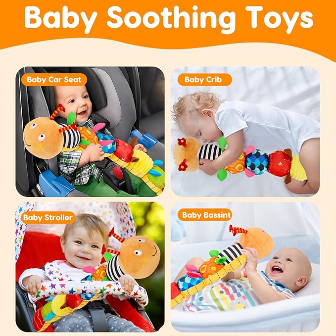 Baby Sensory Caterpillar Toys 0-3 Month Music Animal Stuffed Plush Toy for Infant 0-3-6-12 Month Tummy Time with Crinkle Rattle for Newborn 9-12 Month Texture Toy for Boy Girl Birthday Shower Gifts
