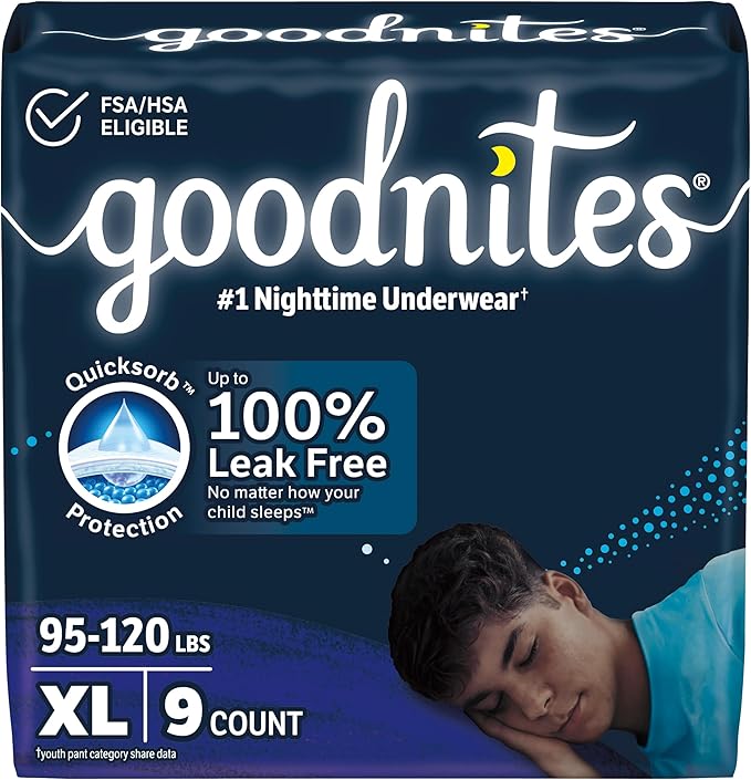 Goodnites Boys' Nighttime Bedwetting Underwear, Size Extra Large (95-120 lbs), 9 Ct, Packaging May Vary