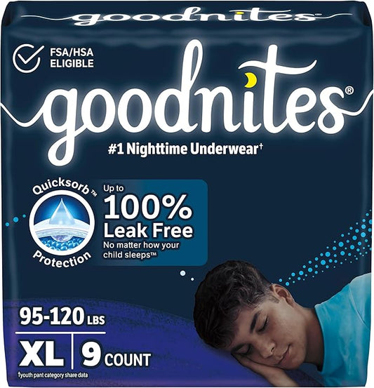Goodnites Boys' Nighttime Bedwetting Underwear, Size Extra Large (95-120 lbs), 9 Ct, Packaging May Vary