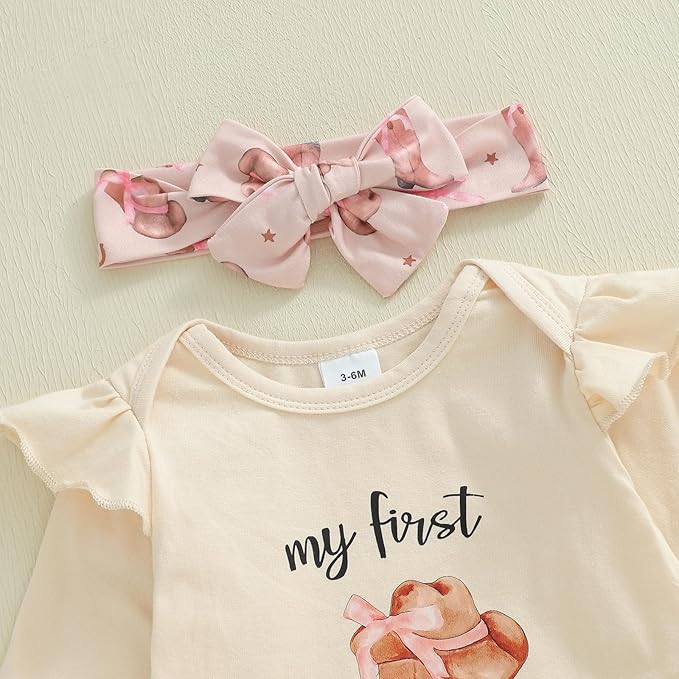 Fernvia Western Newborn Baby Girl Clothes Long Sleeve Letter Print Romper Animal Print Pants Headband 3Pcs Outfits Sets