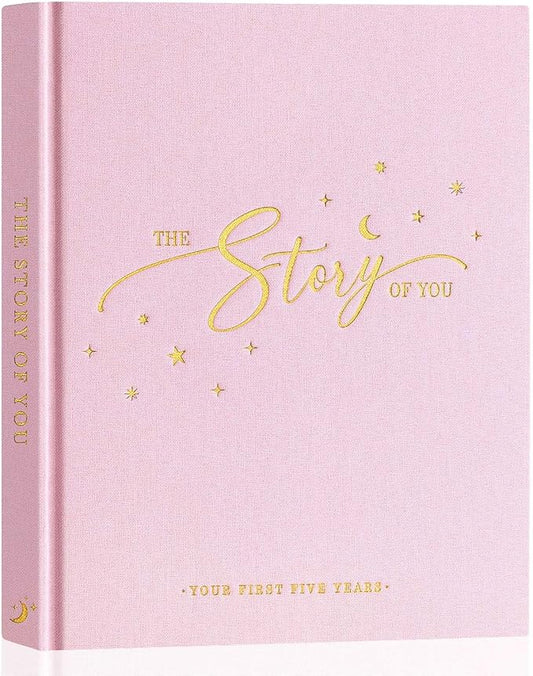 Lanpn Baby Memory Book - Linen Baby Book Memories Keepsake - The Story of You - Newborn Baby First 5 Year Journal Scrapbook Photo Book Milestone Album for Boy Girl New Parents (Pink, 154 Pages)
