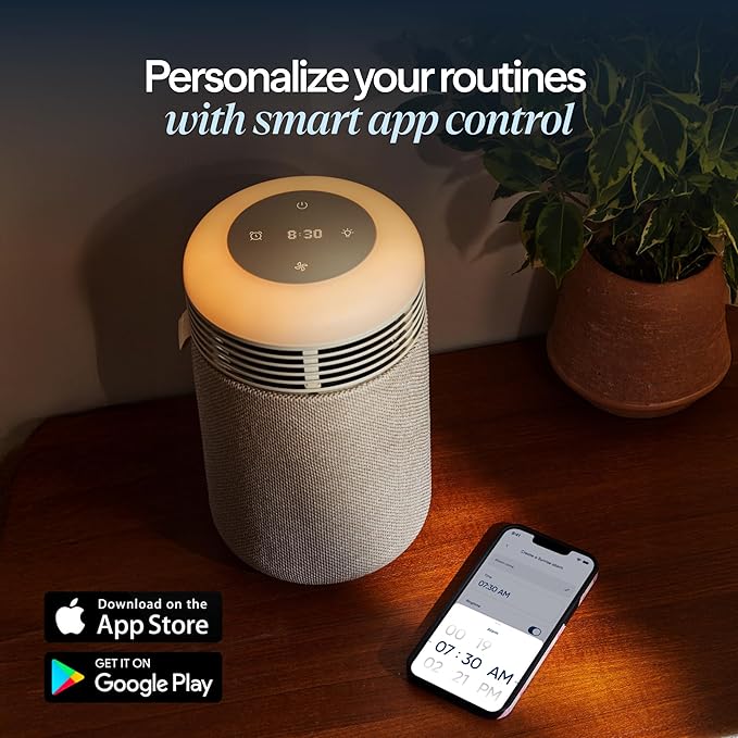 BLUEAIR Purifier for Bedroom - Mini Restful - Sunrise Clock with HEPASilent Filtration and Wake Up Light - Cleans Air and Supports Circadian Rhythm - USB-C and App Connectivity, Blue