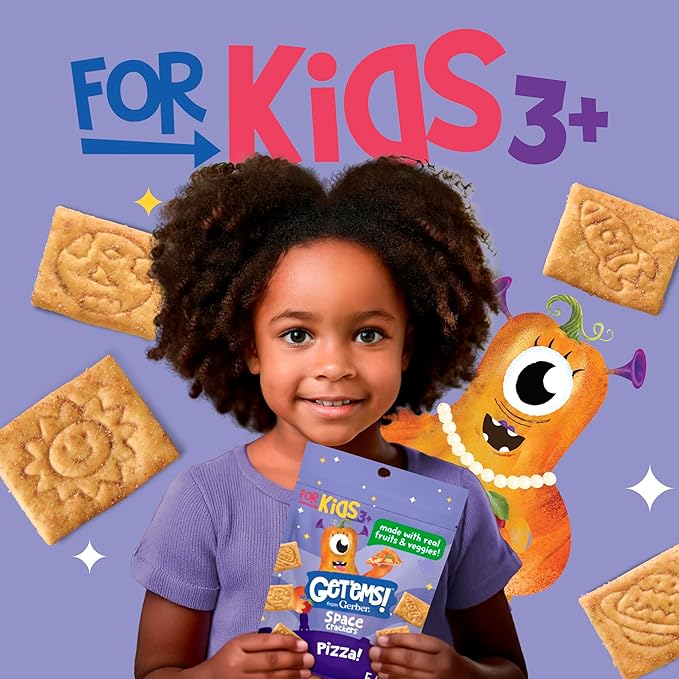 Get'ems! from Gerber, Snacks for Kids, Pizza Space Crackers, Made with Real Veggies & Fruits, Iron & Vitamin E - 4 pack