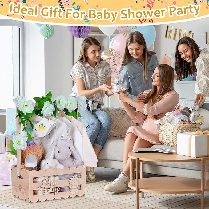 efluky Wooden Baby Shower Crate Closet with Handle,Storage Basket,Baby Clothes Hangers, Newborn Boy Girl Welcome Gift Basket