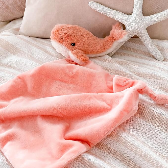 MON AMI Coral Whale Plush Lovey for Babies – 13.5” | Knotted Security Blanket for Newborns