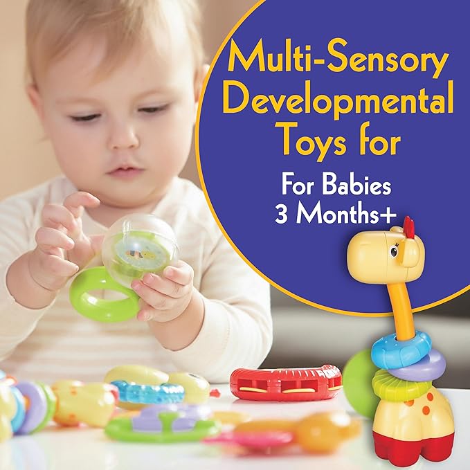 Small World Toys Baby Rattle, 6 Pcs Colorful Infant Rattle Set, Multi-Sensory Newborn Toys, Learning Rattle Toys for Infants 3-6 Months, 6-12 and Up, Montessori Toys for Babies Boy Girl Gift Set