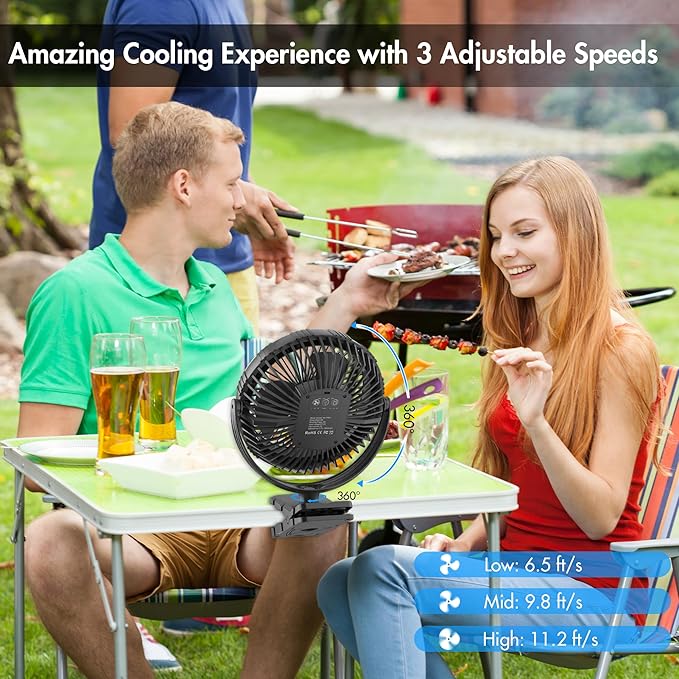 Camping Rechargeable Fan, Battery Operated with Timer, Powerful Airflow Portable Fan, Strong Clip with Light & Hook for Tent Outdoor Travel BBQ Hurricane Power Outage
