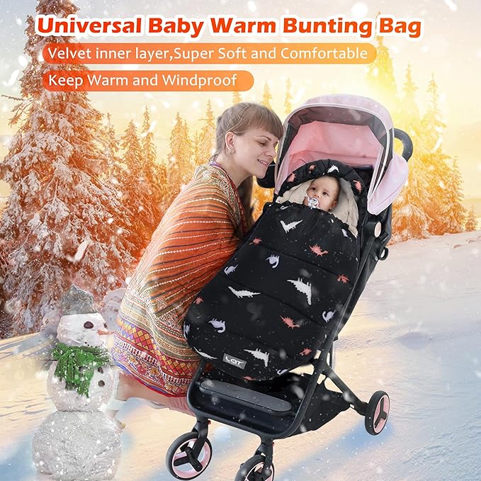 LAT Baby Warm Bunting Bag Universal,Stroller Sleeping Bag Cold Weather,Waterproof Toddler Footmuff(Detachable,Black Dinosaur)