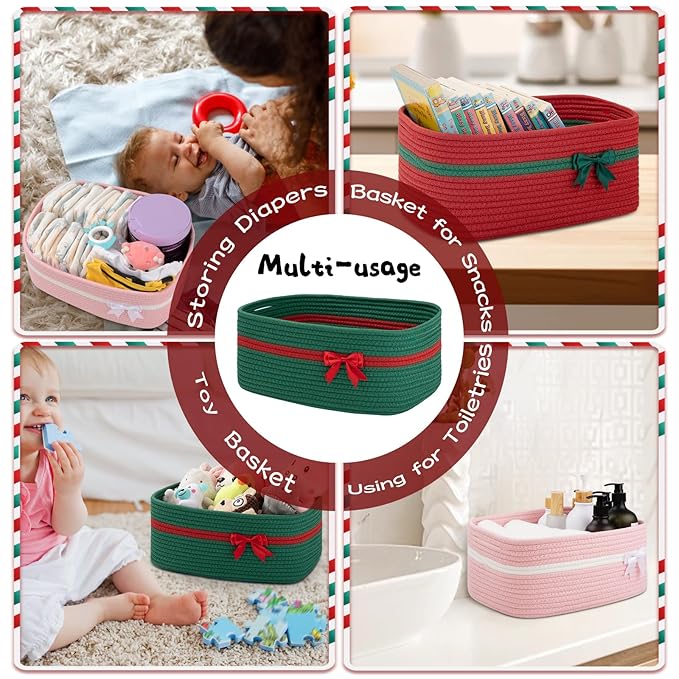 OIAHOMY Christmas Basket with Gift Bags and Ribbons, Woven Storage Basket for Decorations, Nursery, Pets - Green