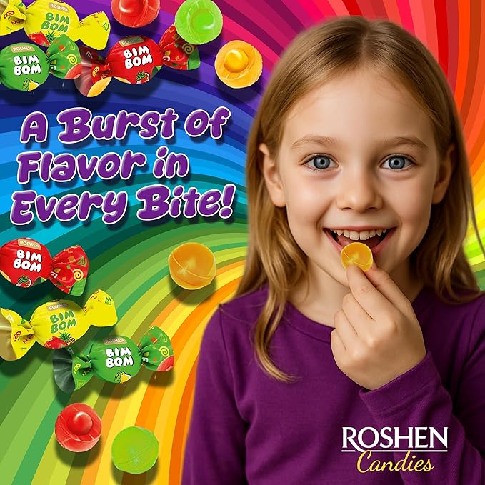 Roshen Bim Bom Hard Candy – Assorted Fruit & Berry Filled Candies, Individually Wrapped, 7.05 oz (200g), Pear, Pineapple, Strawberry, Tutti-Frutti – Kosher & Halal