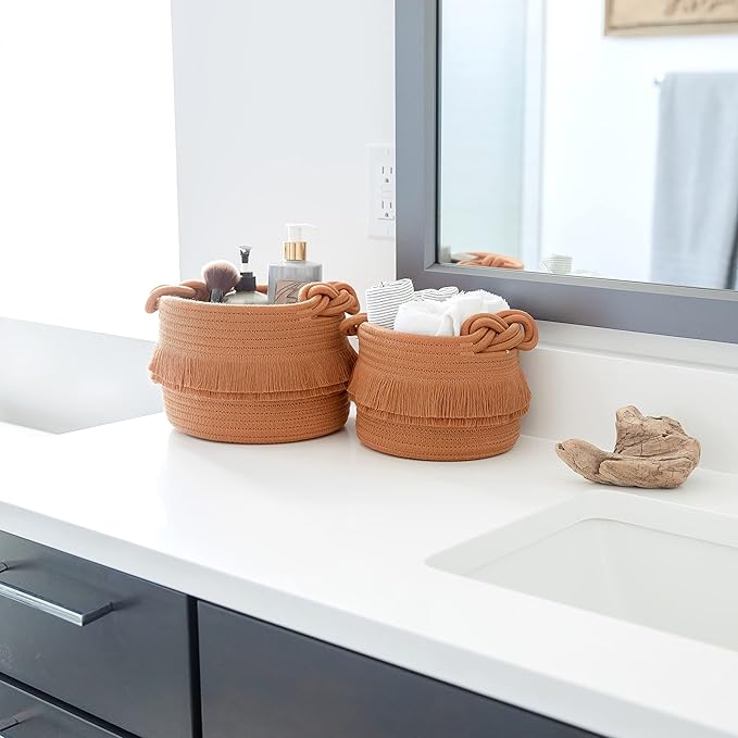 NaturalCozy 3-Piece Boho Decor Storage Basket Set – Cotton Rope Woven Baskets for Organizing! Small Basket for Baby Stuff, Baby Shower, Gift Basket, Nursery Baby Basket, Planter, Toy Basket, Shelves