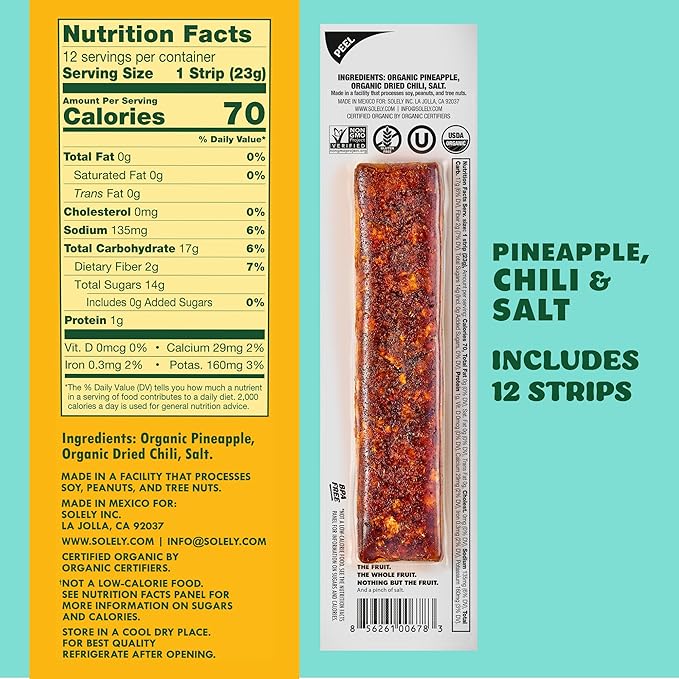 SOLELY - Organic Spicy Pineapple Chili and Salt Fruit Jerky - 12 Individually Wrapped Strips - Fruit Leather Made from Dried Fruit - Healthy Snacks for Adults & Kids - Vegan Snacks - 0.8oz (23g)