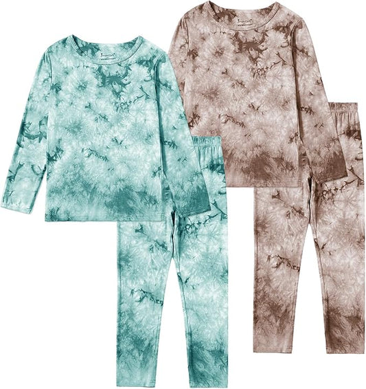 Jimonda Kids Toddler Soft Rayon From Bamboo Pajamas Long Sleeve Boys Girls Sleepwear Outdoor 4pcs Set Tops&Pants Tie Dye Pj