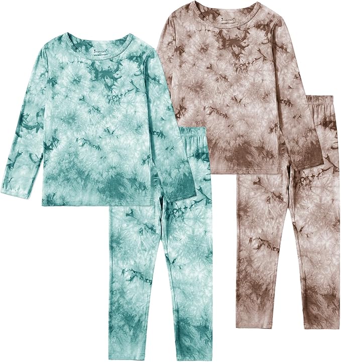 Jimonda Kids Toddler Soft Rayon From Bamboo Pajamas Long Sleeve Boys Girls Sleepwear Outdoor 4pcs Set Tops&Pants Tie Dye Pj