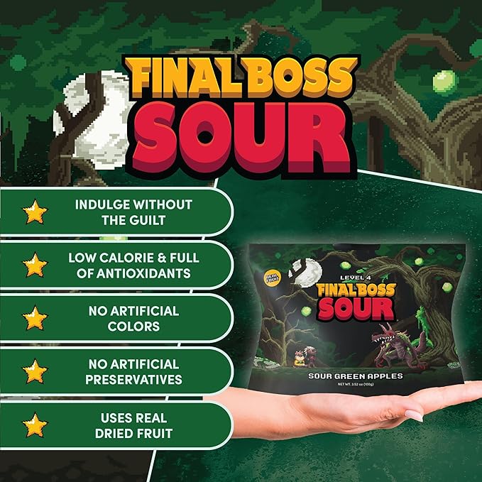 Final Boss Sour Candy, Green Apple, 1 Pack, Level 4, Extreme Sour Fruit Chews with Real Dried Fruit, No Artificial Colors or Flavors, Low Calorie Snack for Kids, Teens, Adults, Lunch Boxes & On The Go