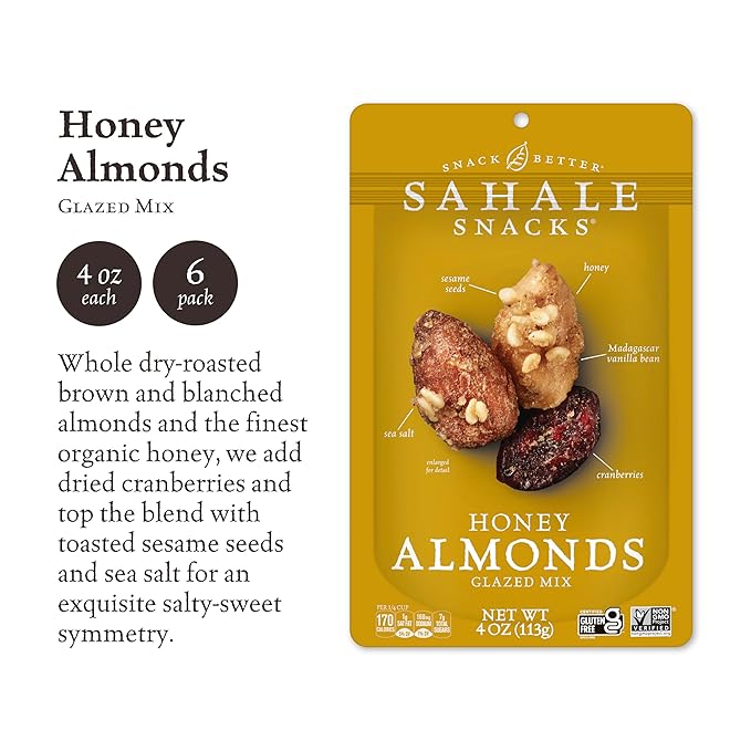 Sahale Snacks Honey Almonds Glazed Mix, 4 oz Pouches (6 Packs) - Dry-Roasted Deluxe Mixed Nuts with Tart Cranberries & Madagascar Vanilla - Non-GMO, Kosher, & Certified Gluten-Free Snacks