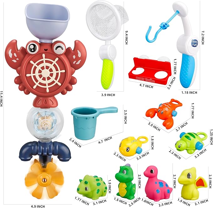Bath Toys Set, Toddlers Bath Toys 1-3, Kid Bathtub Toy with 4pcs Dinosaur Water Spray, Fishing Games with Fish Net, Water Pool Toy , Shower Toy Gift for Boy Girl Infant