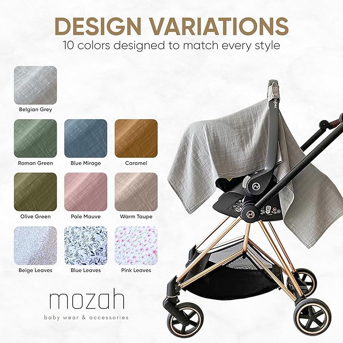 MOZAH Baby Car Seat Cover - Belgian Grey - 100% Organic Muslin - Soft, Breathable and Lightweight, Baby Infant Car Seat Essentials