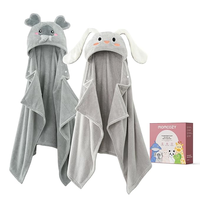 Momcozy Baby Bath Towels with Hooded -Visualize Health Label -Soft & Absorbent Coral Fleece Towel for Comfort & Warm - Bath Essential or Shower Gift for Newborn, Infant,Toddler (Large, 28 x 55 Inch)