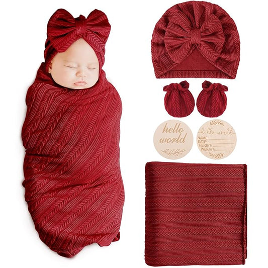 Newborn Receiving Blanket with Bow Hat Mittens Wooden Card Set Wheat-Pattern Newborns Toddler Baby Boy Girl Nursery Swaddle Wrap