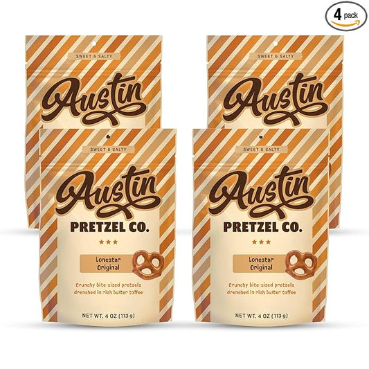Lonestar Original Pretzels – 4 Oz Gourmet Bite-Sized Snacks Coated in Rich Butter Toffee – Perfect for Sharing or Indulging (Pack of 4)
