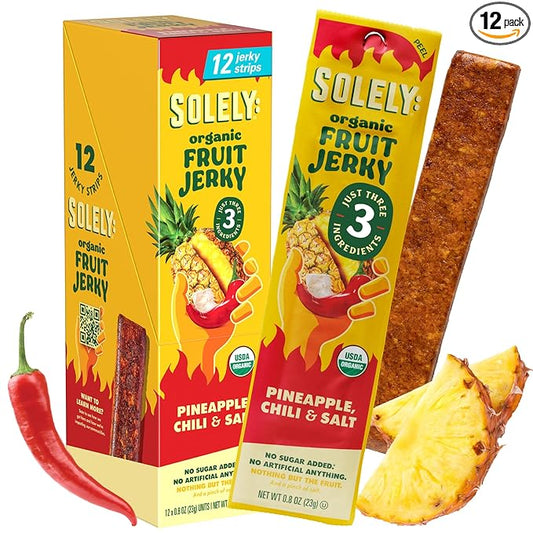 SOLELY - Organic Spicy Pineapple Chili and Salt Fruit Jerky - 12 Individually Wrapped Strips - Fruit Leather Made from Dried Fruit - Healthy Snacks for Adults & Kids - Vegan Snacks - 0.8oz (23g)
