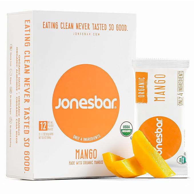 JONESBAR (Mango Almond, 12 Count (Pack of 1)) USDA Organic Fruit & Nut Bar, Non-GMO, Kosher, Vegan, Gluten Free, Simple Snack Bar