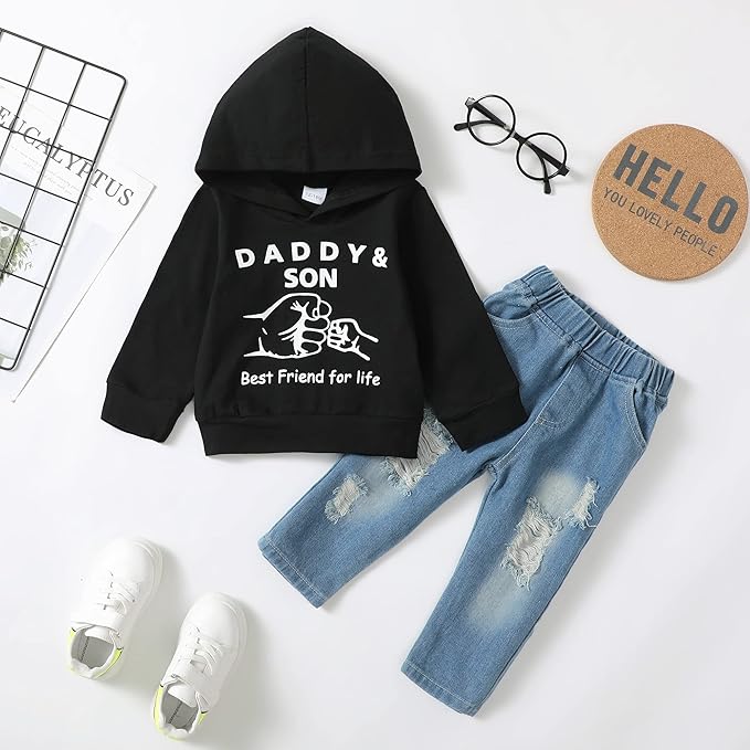 NZRVAWS Baby Boy Clothes Toddler Boy Outfit 2 3 4T 6 12 18 24 Month Fall Winter Hoodie Ripped Jeans Clothing