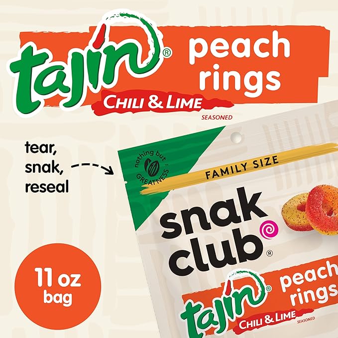 Snak Club Peach Rings, Tajin Chili & Lime Seasoned, Sweet and Spicy Gummy Candy, Mild in Heat Bold in Flavor, Low-Fat, Vegan, Gluten-Free Snack, Family Size, 11 Ounce