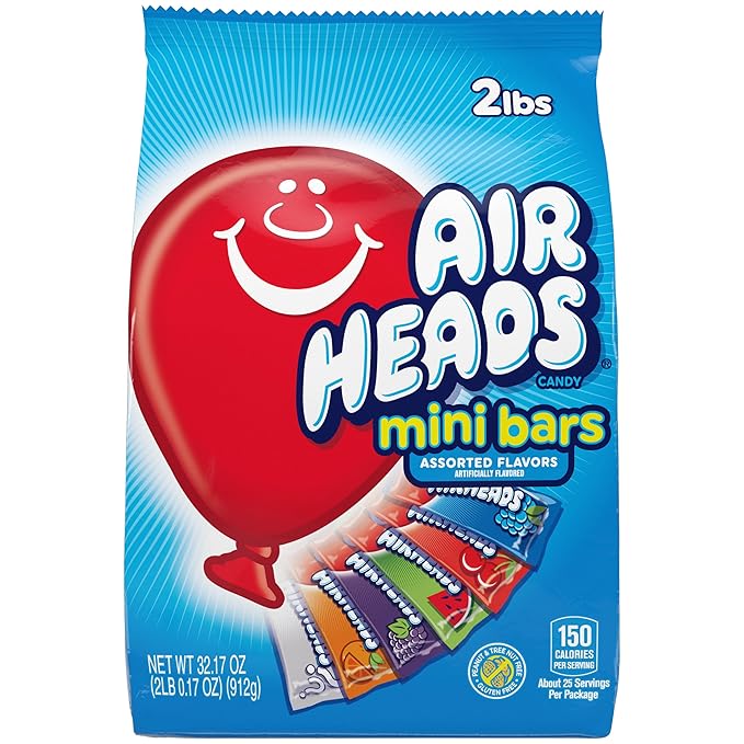 Airheads Mini Bars, Halloween Trick or Treat Candy, Assorted Flavors Variety Pack, Individually Wrapped Bulk Candy for Adults & Kids, Party, Pantry, Non-Melting, 80 ct Bag (Box of 4 Bags)