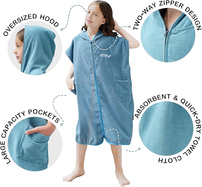Hiturbo Kids Bath Towel Hoodie: Absorbent Quick Dry Zipper Surf Poncho - Changing Towels Swimming Outerwear (Blue)