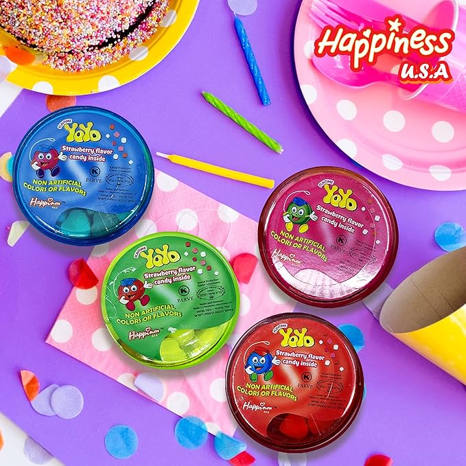 Happiness USA YoYo FIlled with Strawberry Hard Candy Pack of 12 | Novelty Toy & Individually Wrapped Candy Variety Pack | No Artificial Color or Flavor Prizes for Kids | Kosher Birthday Party Favors