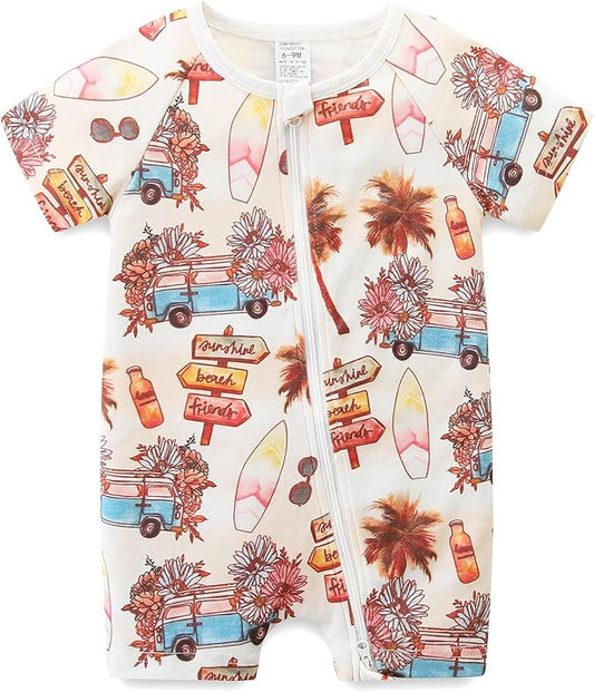 Baby Boy Girl Romper Short Sleeve 100% Cotton Bodysuit Outfits 2 Way Zipper Jumpsuit