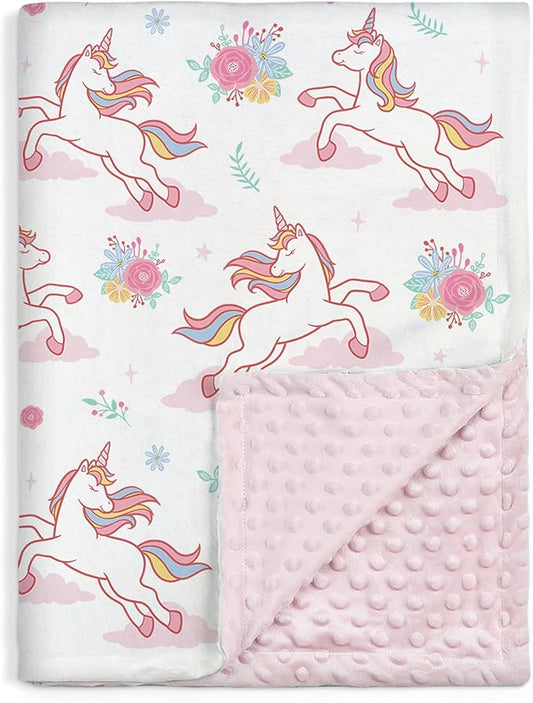 SANDJEST Unicorn Kid Blankets for Girls 30 x 40 - Throw Minky Blanket with Double Layer Dotted Backing - Gifts for Birthday