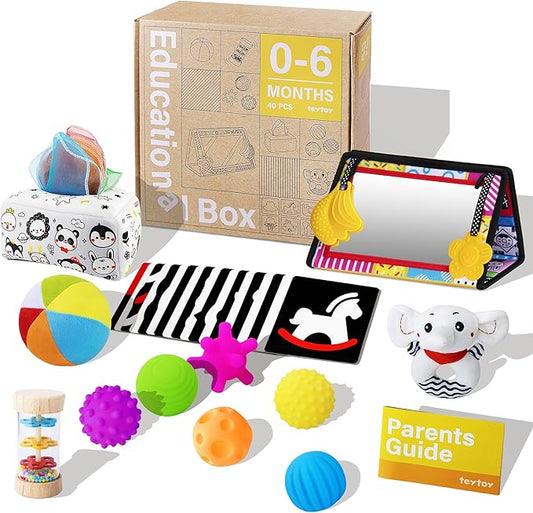 Montessori Toys for Babies 0-6 Months,7 in 1 Newborn Toys Baby Gifts Set Early Learning Toys with Black & White Baby Flashcards,Tummy Time Mirror,Baby Rattle,Sensory Balls,Tissue Box,Rain Stick