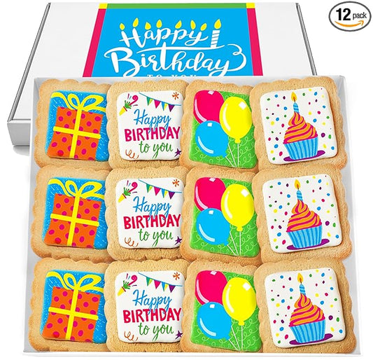 Happy Birthday Cookies 12 PACK Gift Basket | INDIVIDUALLY WRAPPED For Kids Men Women | Decorated Party Favors Gift Box | Nut Free