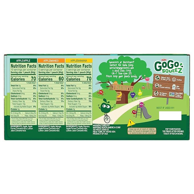 GoGo squeeZ Applesauce and Fruit Puree Variety Pack, Apple, Mango & Banana, 3.2 oz (Pack of 20), Unsweetened Fruit Snacks for Kids, Gluten Free, Nut Free and Dairy Free, BPA Free Pouches